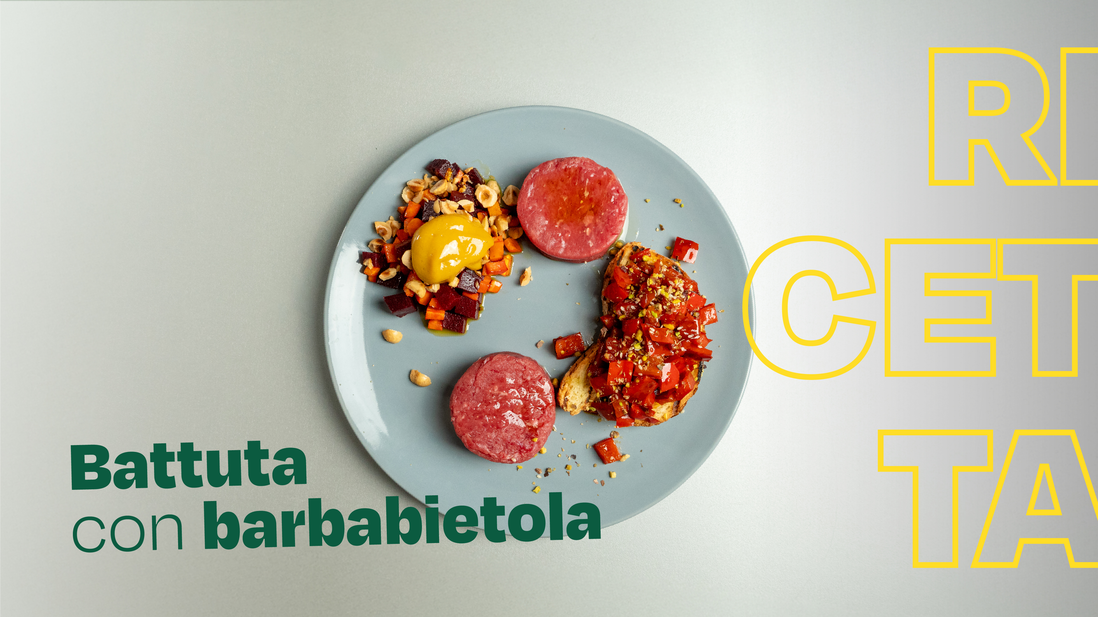 Battuta con barbabietola, carote e bruschetta di peperoni